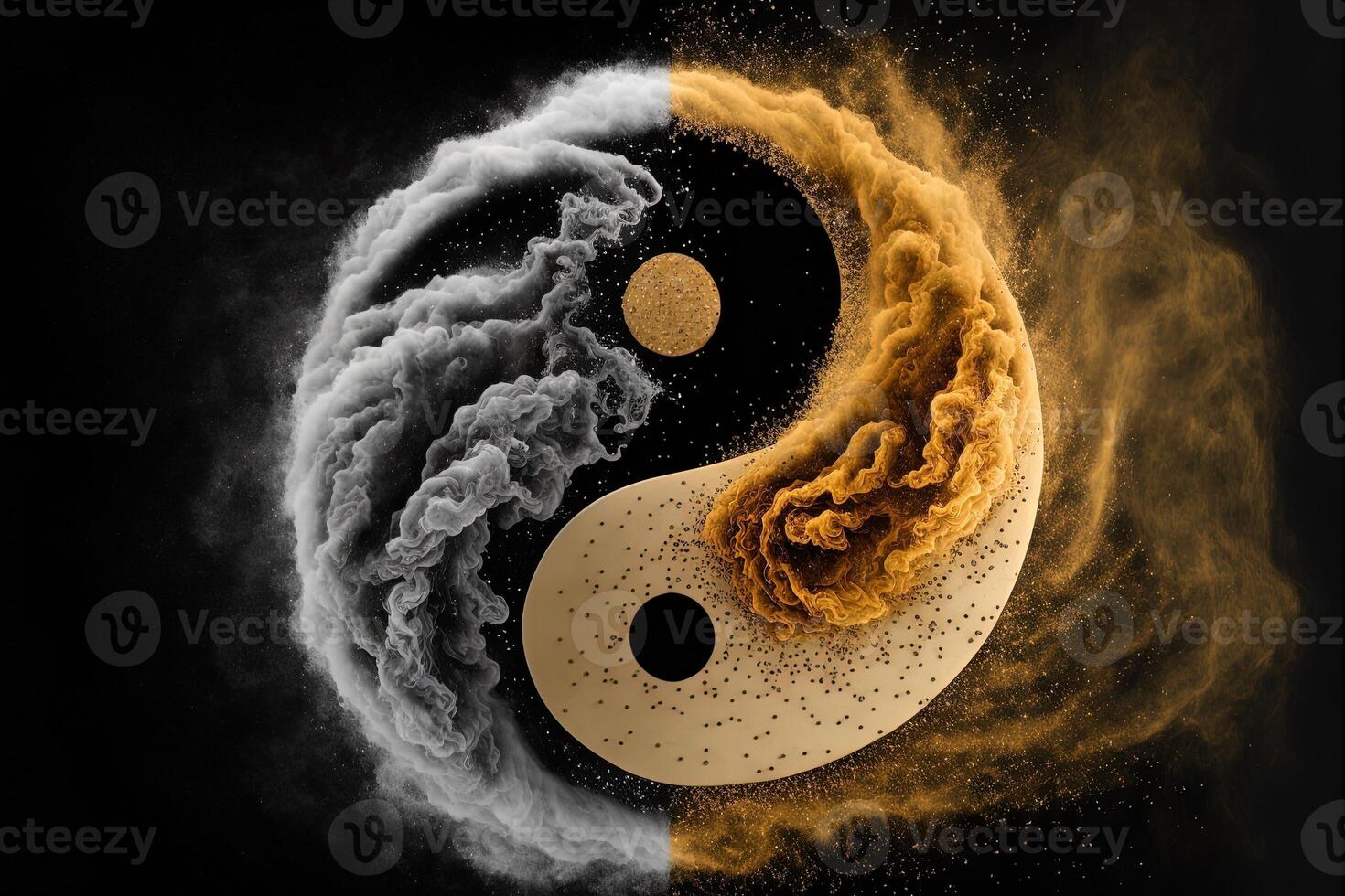 dorado y negro yin yang símbolo con flotante polvo en negro antecedentes. abstracción, budismo, hinduismo, símbolo, religión, equilibrar concepto. generativo ai foto