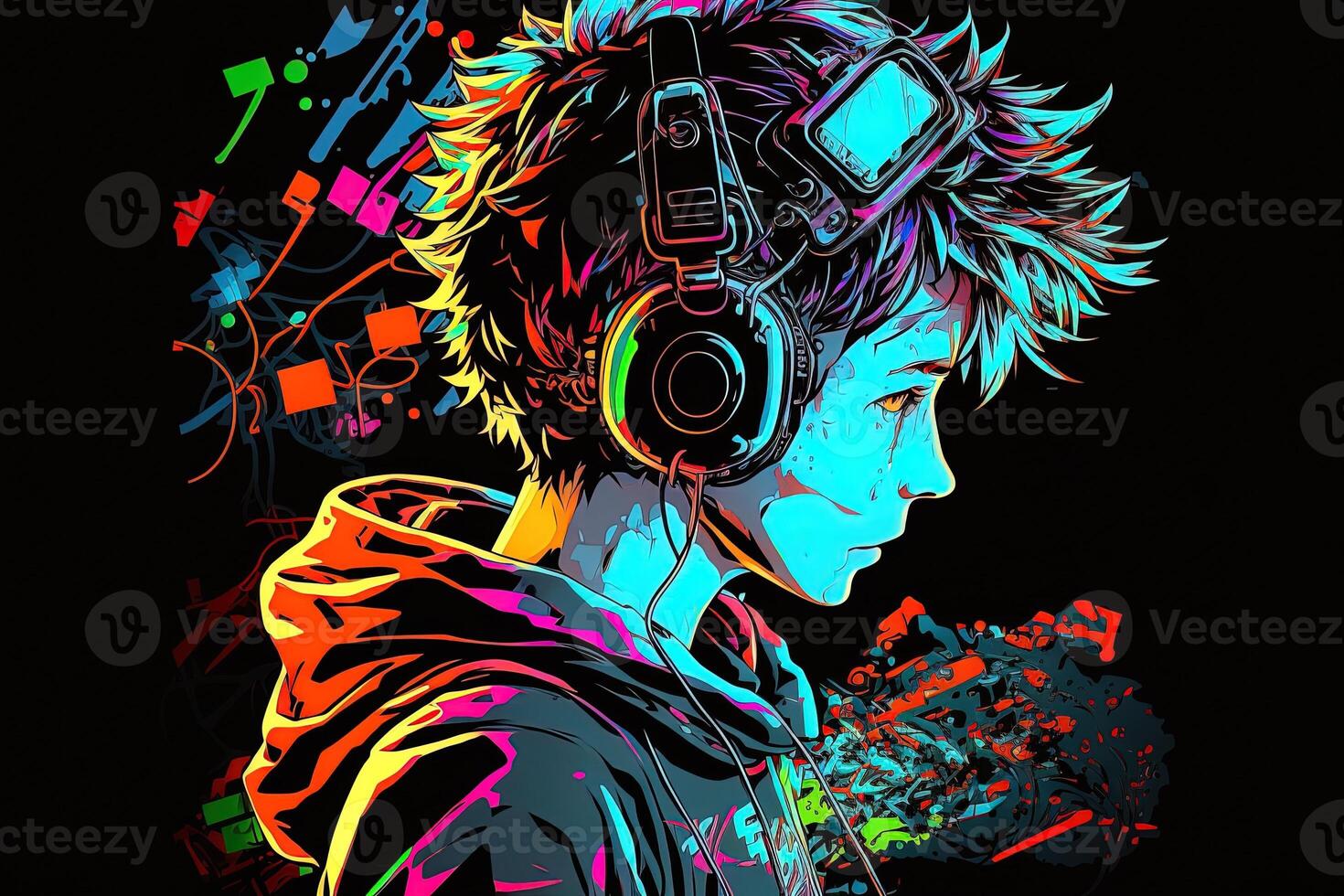 an neon gamer anime fashion boy or man wearing headphones, lost in his music. abstract background that evokes the feeling of different genres of music. banner music concept photo