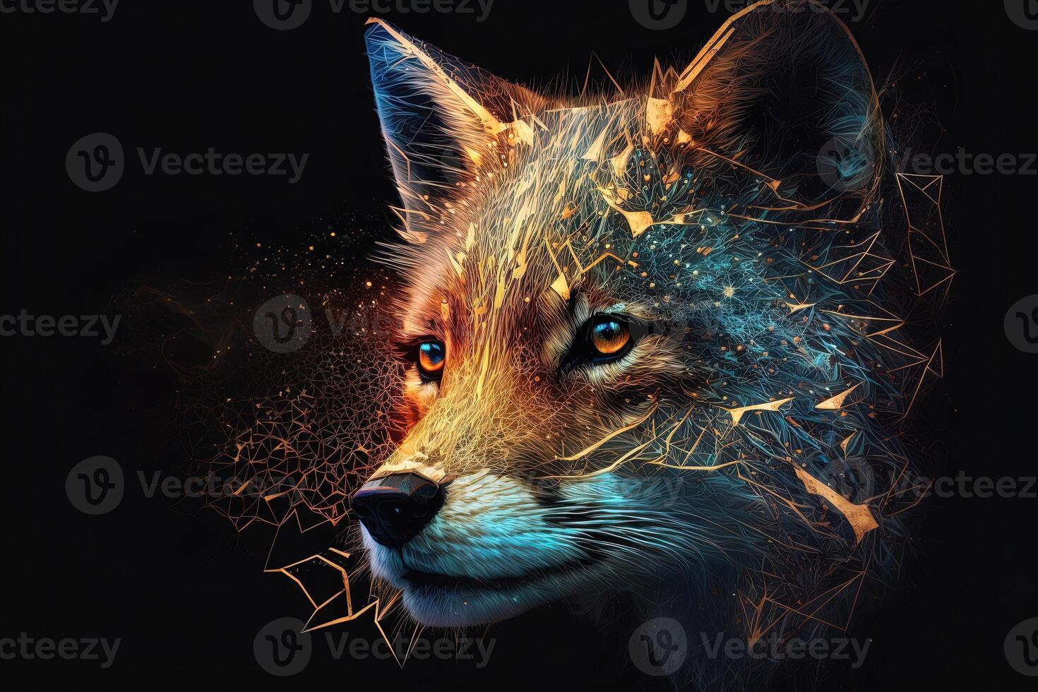 Fantasy Raster Image of Fox Face with Golden Spot, Animal face in the depths of galaxies and stars fox photo