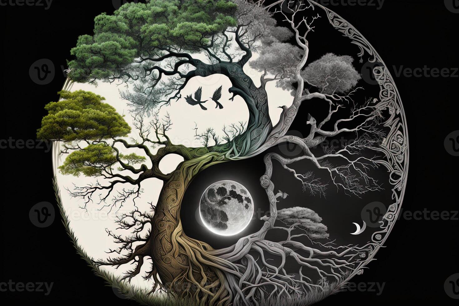 Ying yang concept of balance Yggdrasil tree of life norse mythology. Balance concept. photo