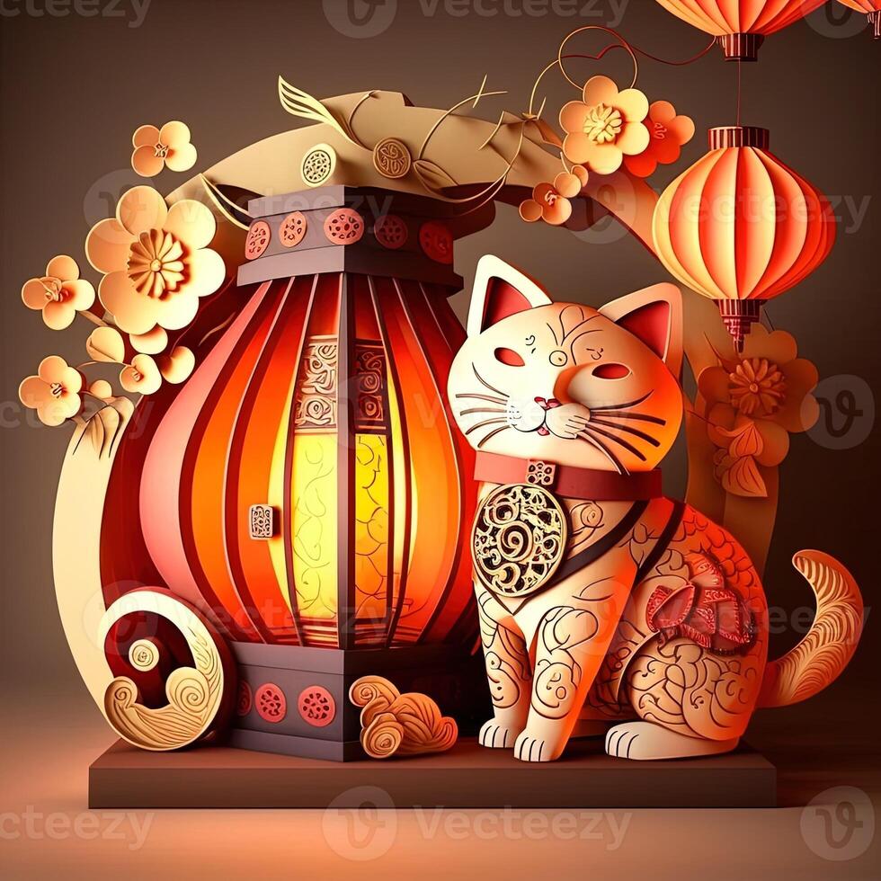 Paper cut quilling multidimensional chinese style cute zodiac cat with lanterns, blossom peach flower in background, chinese new year. Lunar new year 2023 concept. photo