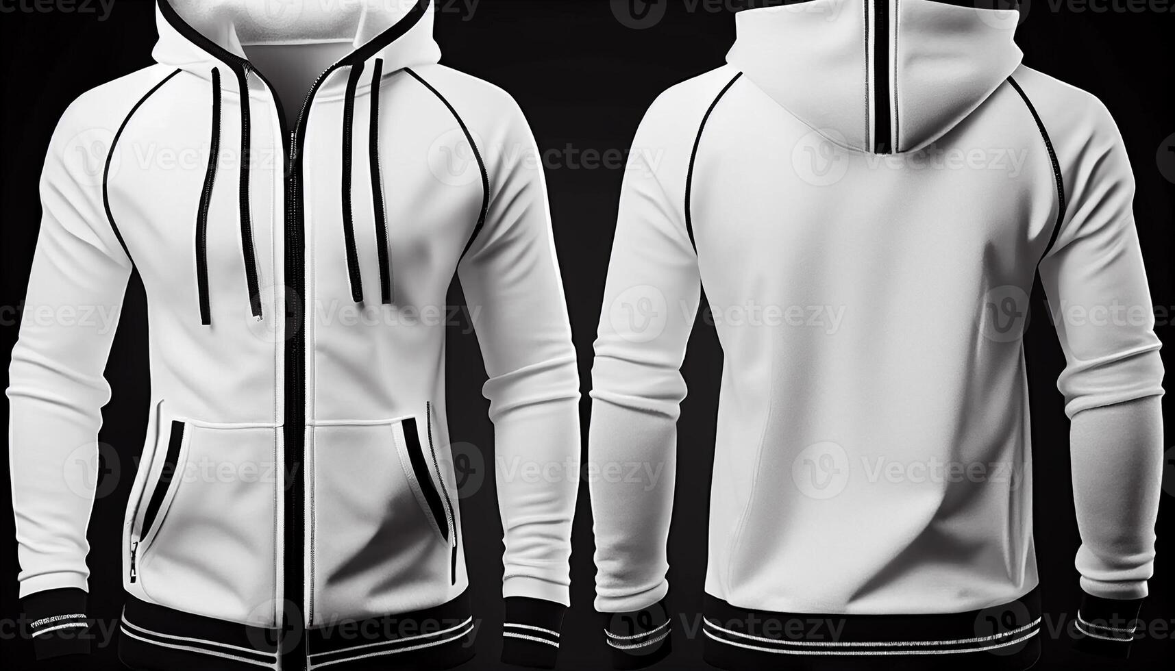 Hoodie raglan sleeve full zipper with pocket for mockup, 3d render, Front and back, copy space, photo