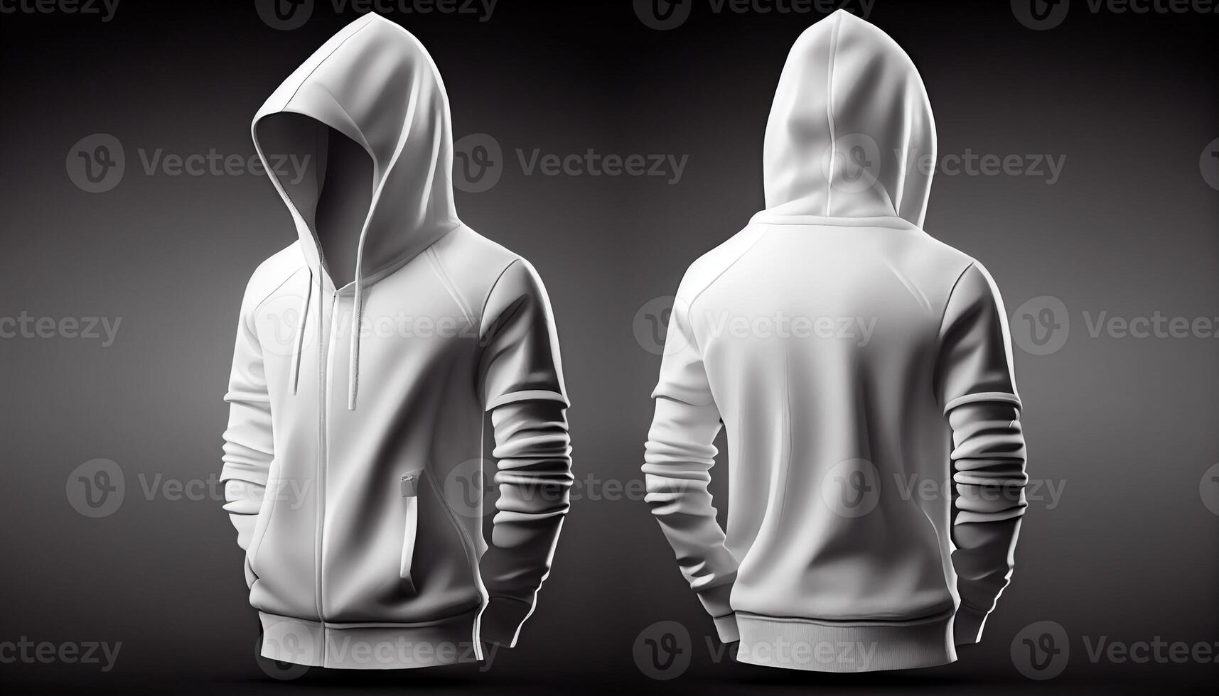Hoodie raglan sleeve full zipper with pocket for mockup, 3d render, Front and back, copy space, photo