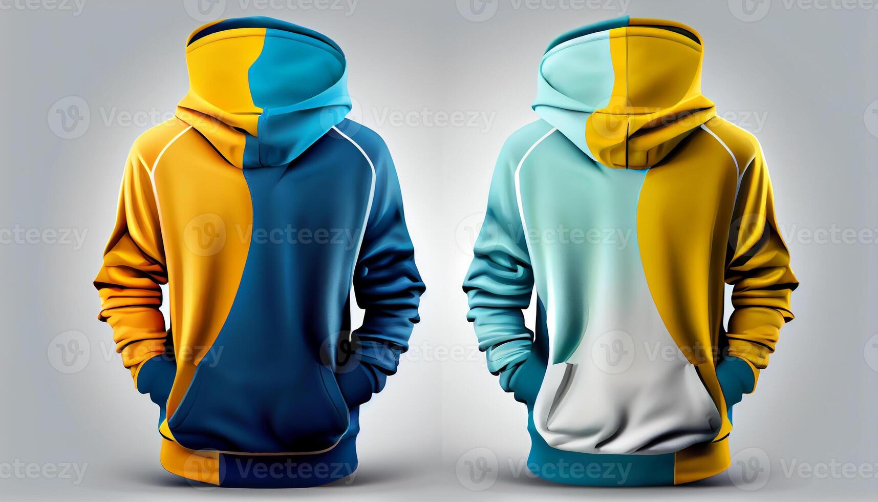 Hoodie raglan sleeve full zipper with pocket for mockup, 3d render, Front and back, copy space, photo