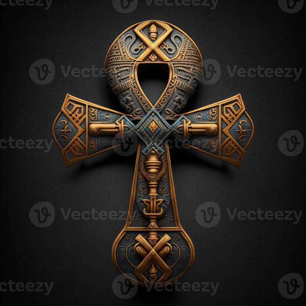 Ancient golden ankh symbol isolated on dark background. Illustration of an Egyptian cross in digital form. The ancient Egyptians used the Ankh as a symbol for eternal life. photo