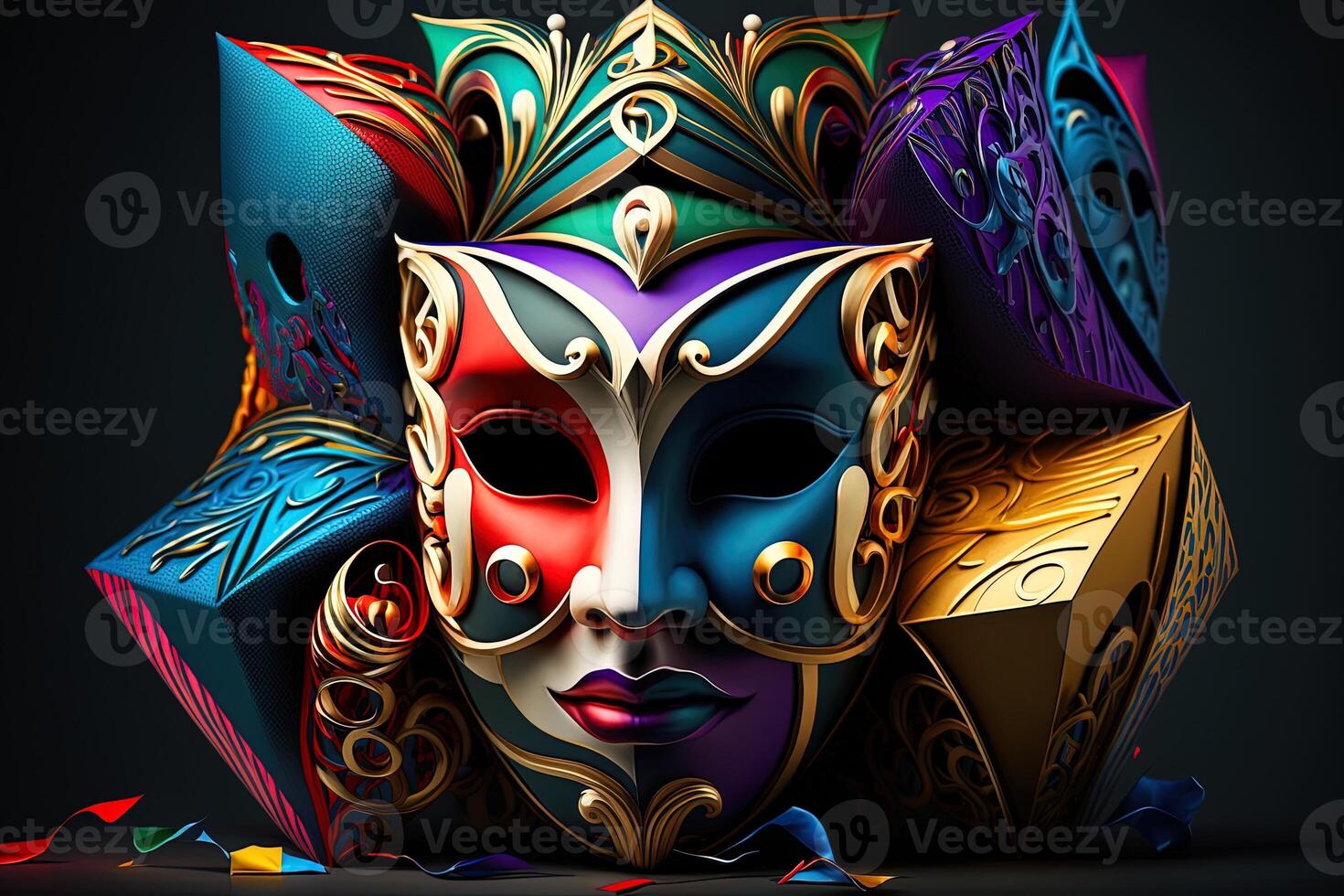 Illustration, multicolored carnival mask party inspired in ancient venetian dominos photo