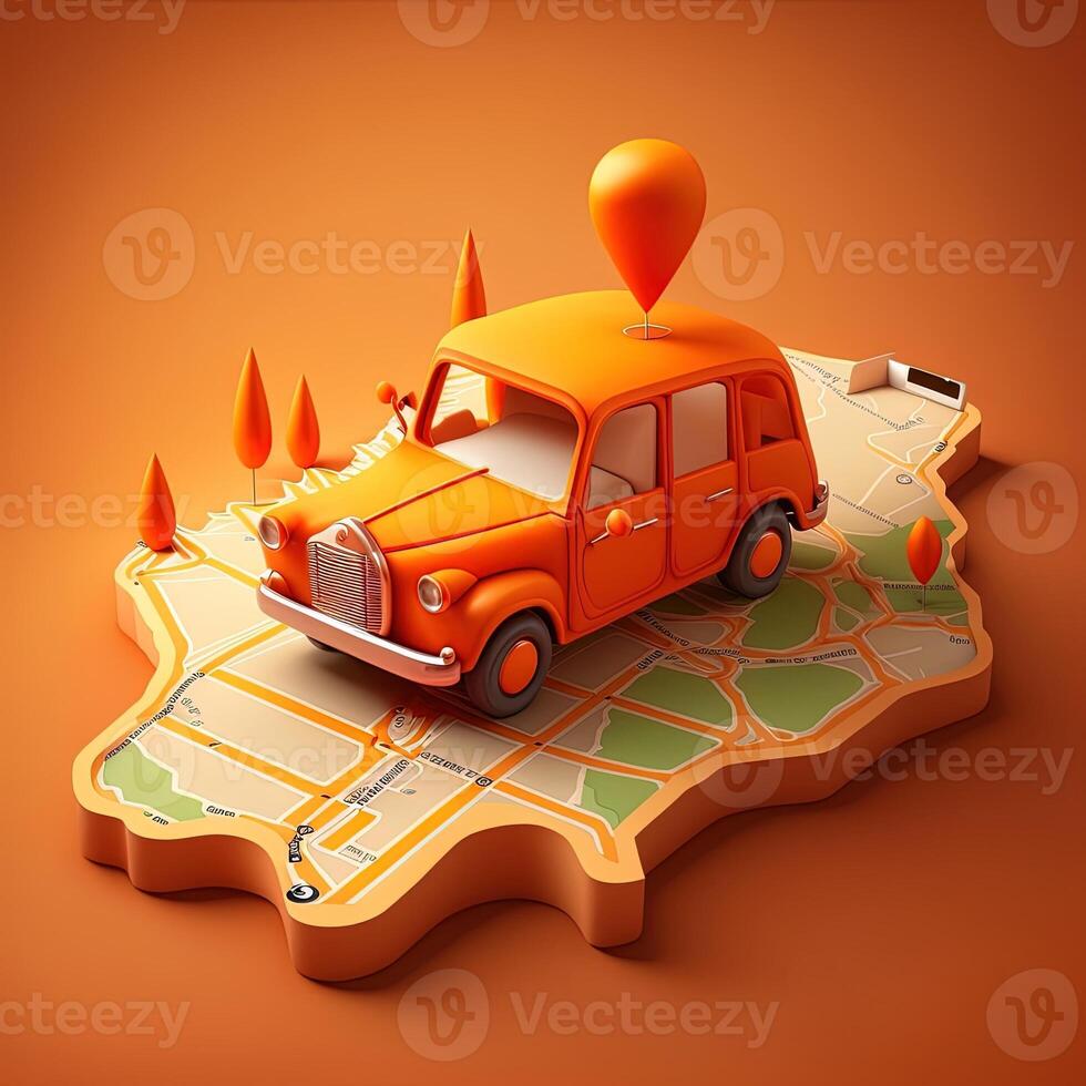 Online mobile application taxi ordering service , Orange taxi car driving along the route to the marker on a smart phone, on a city map. Car and satellite navigation systems concept. photo
