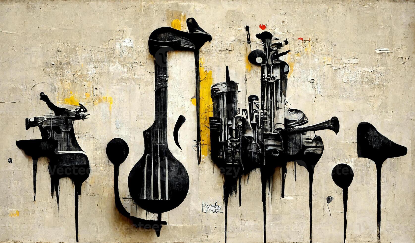 , Abstract Street art with keys and musical instruments silhouettes. Ink colorful graffiti art on a textured paper vintage background, inspired by Banksy photo