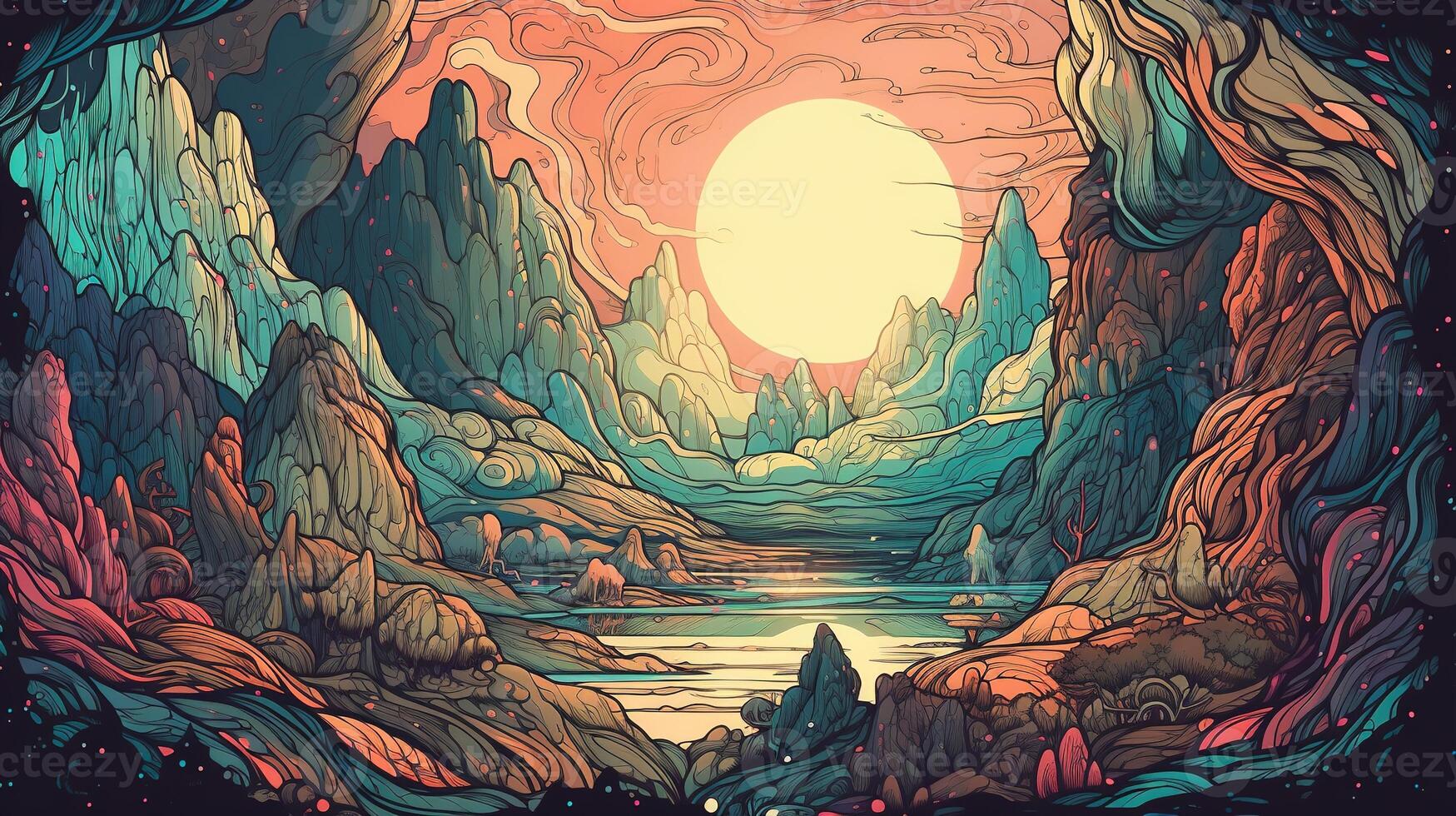 , Psychedelic Space banner template in anime manga line art style. Horizontal illustration of the future landscape with mountains, planets, trees, moon. Surrealist escapism concept. photo
