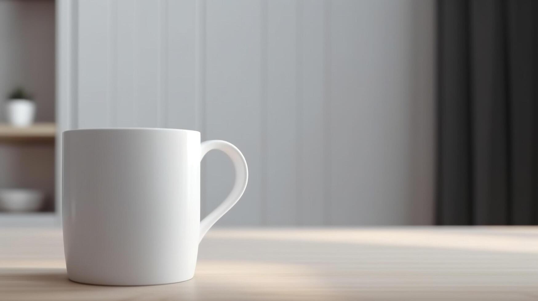 , White ceramic cup set-up in at home interior, mug mock up blank. photo