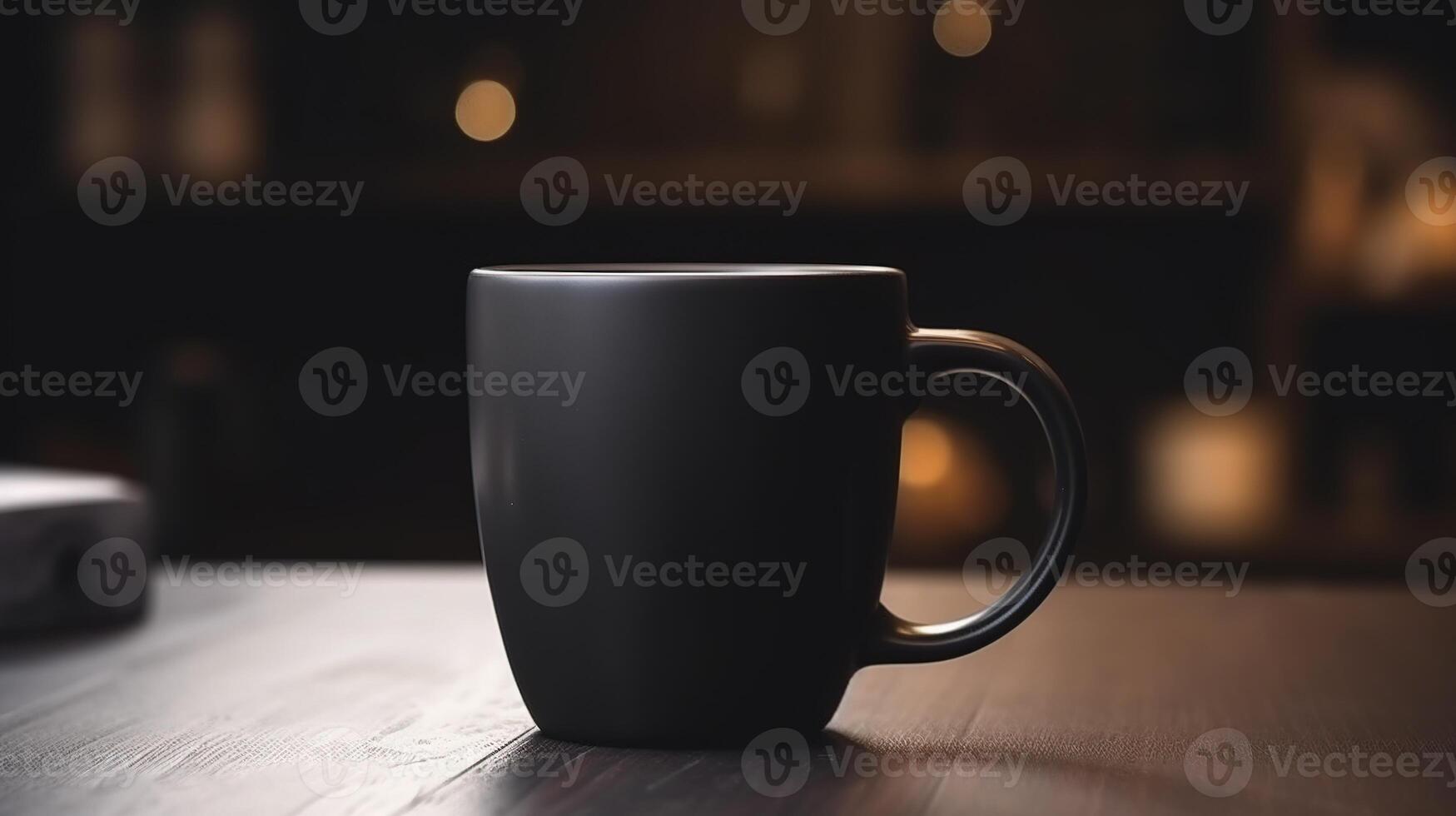 , Black ceramic cup set-up in at home interior, mug mock up blank. photo