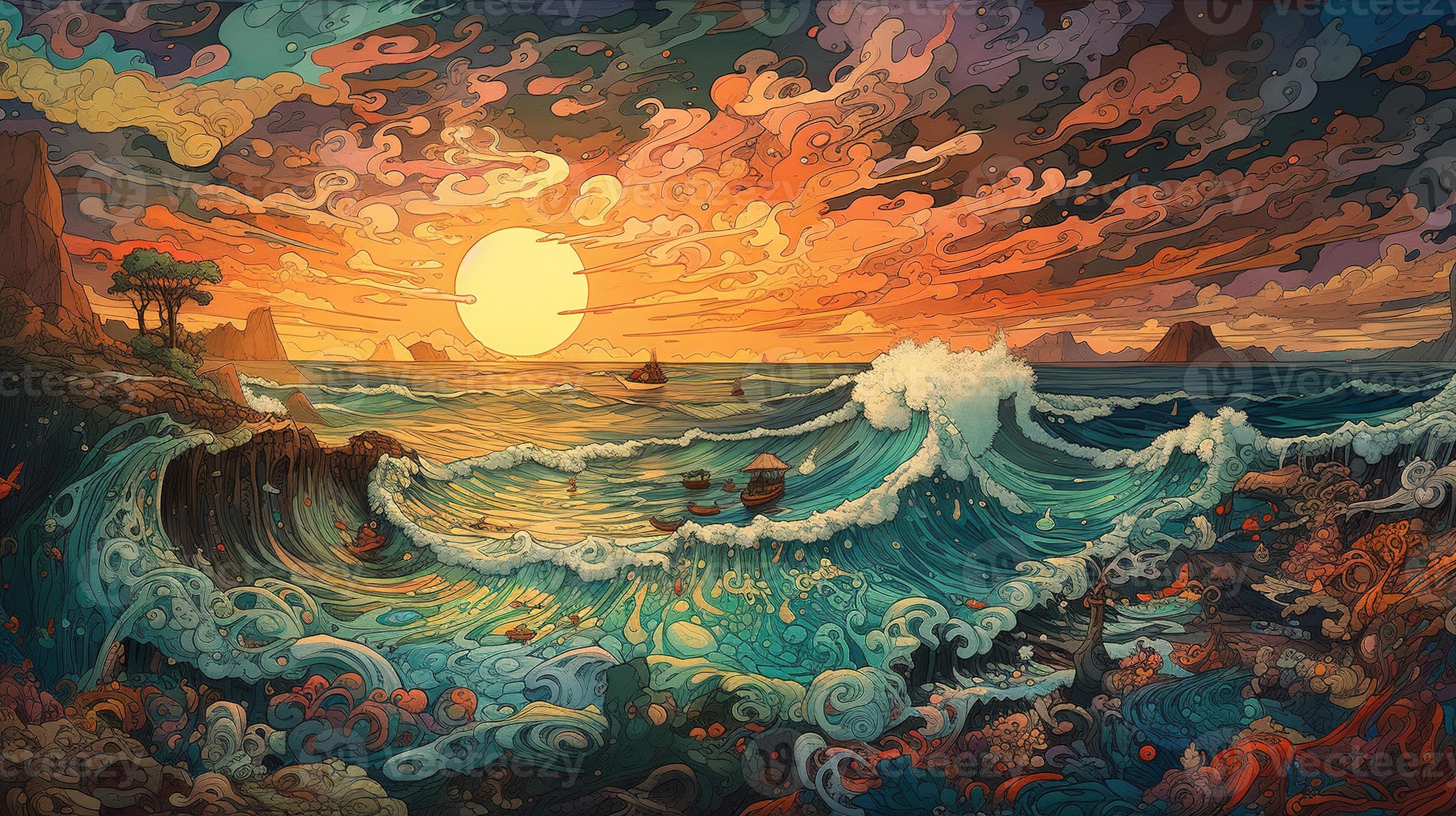 Generative AI, ocean in the sunset linear illustration, psychedelic