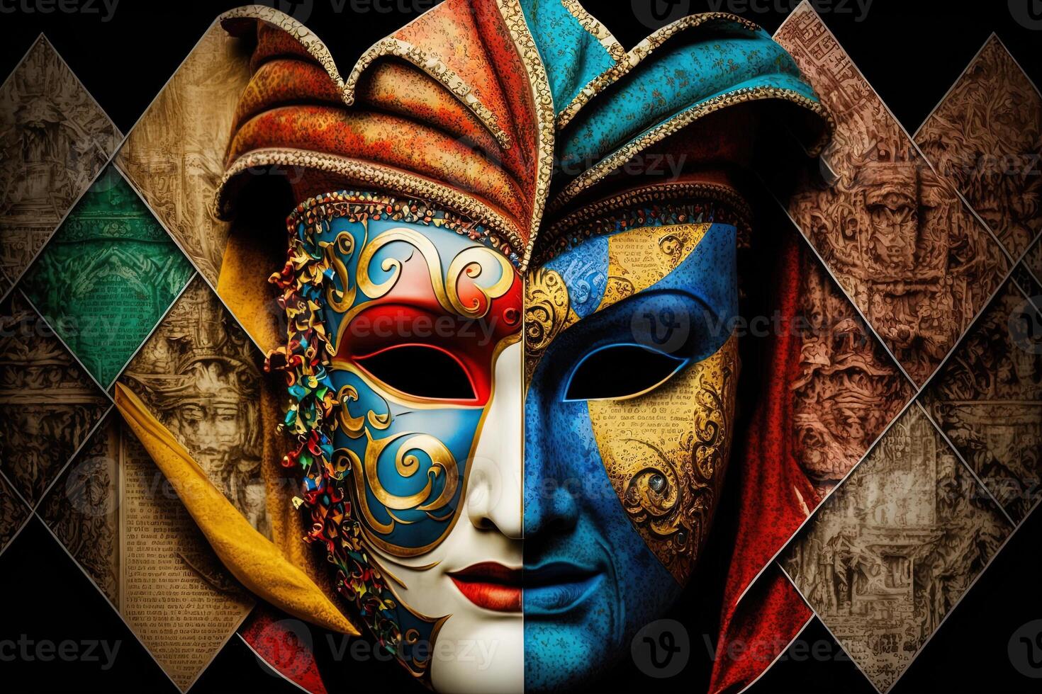 Illustration, multicolored carnival mask party inspired in ancient venetian dominos photo
