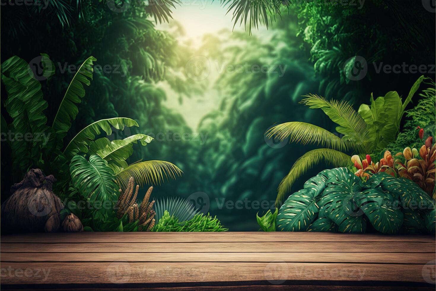 Tropical background with a wooden table on the forefront and lush vegetation with lots of copy space, perfect for editing with your product. Empty ready for your product display. photo