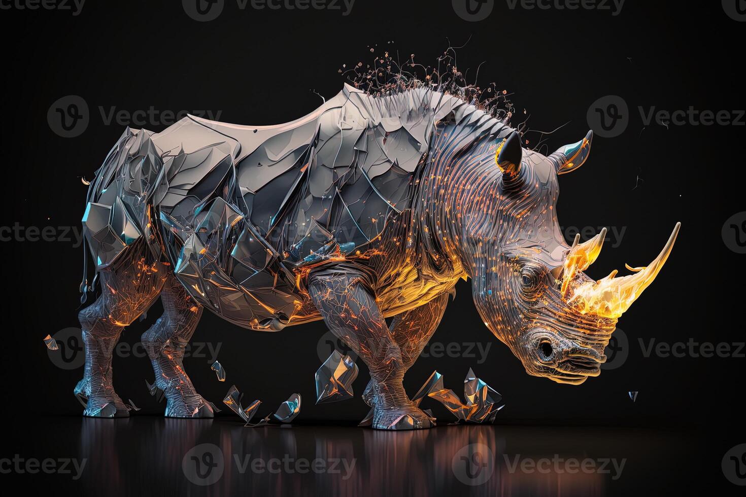 fusion of metal Rhino exploding through fire surrounded by scattered glass shards and debris, cosmic energy photo