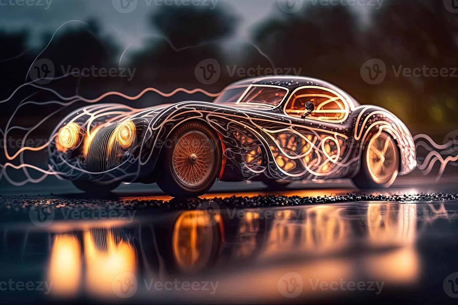 hyper car neon background . Streamline test over the modern car design, diffuse plastic optic, some glowing contours illuminate the car details, dark scene, cinematic lightning photo