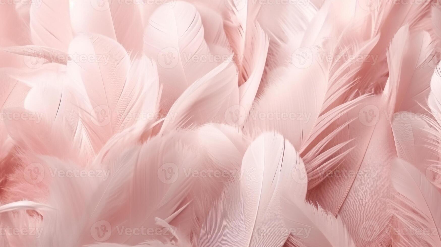 , Beautiful light pink closeup feathers, photorealistic background. Small fluffy pink feathers randomly scattered forming photo