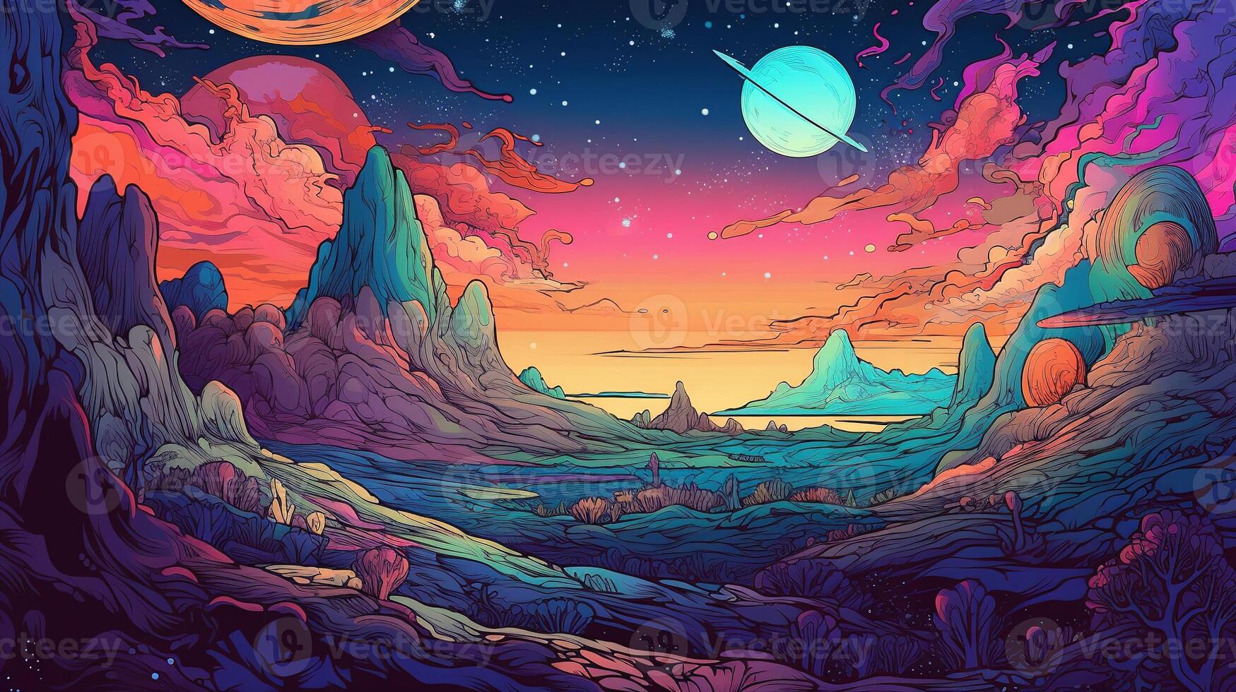 , Psychedelic Space banner template in anime manga line art style. Horizontal illustration of the future landscape with mountains, planets, trees, moon. Surrealist escapism concept. photo