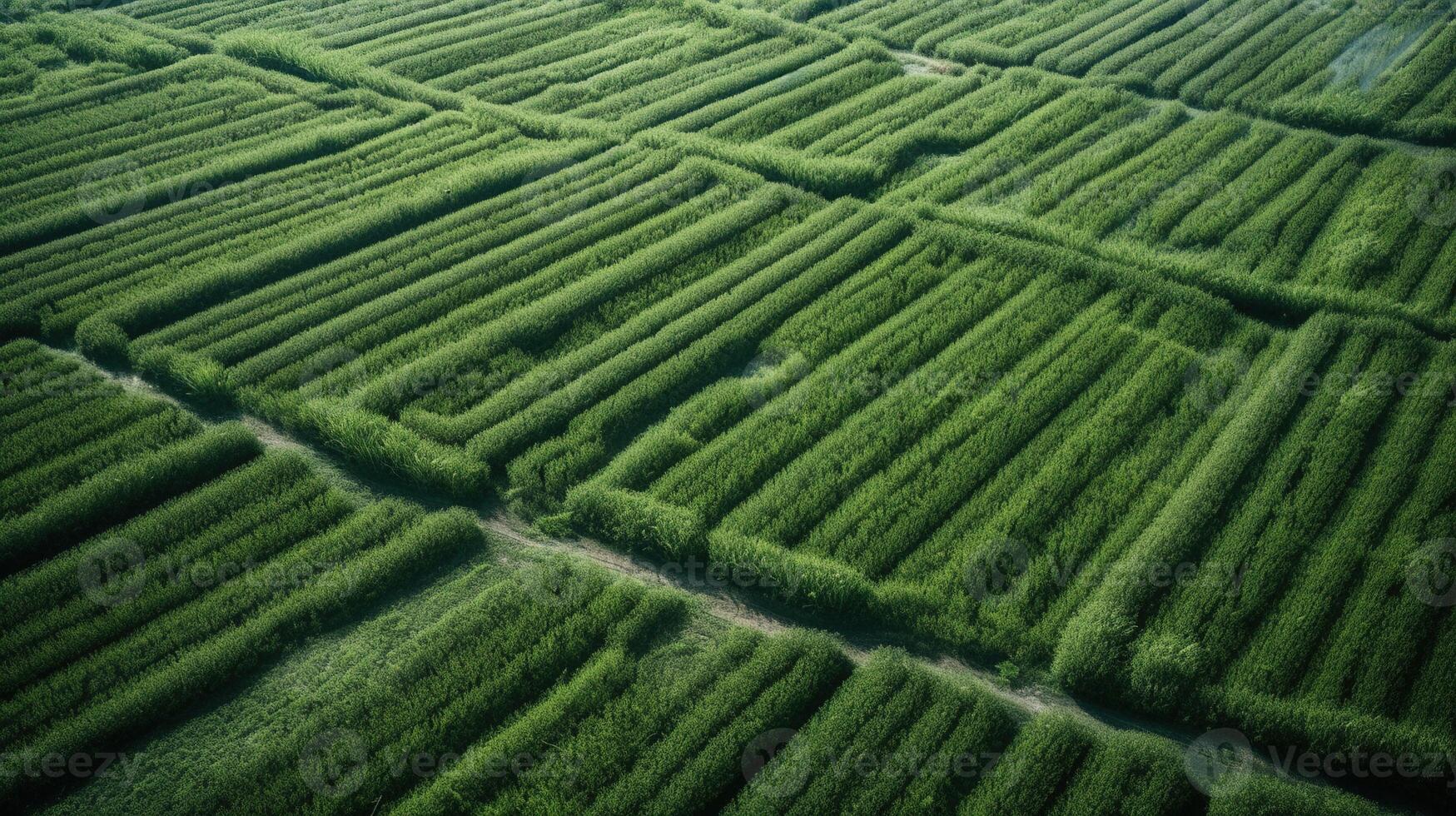 , field of green grass with water sprinkled, aerial view drone photography. Swamp landscape. photo