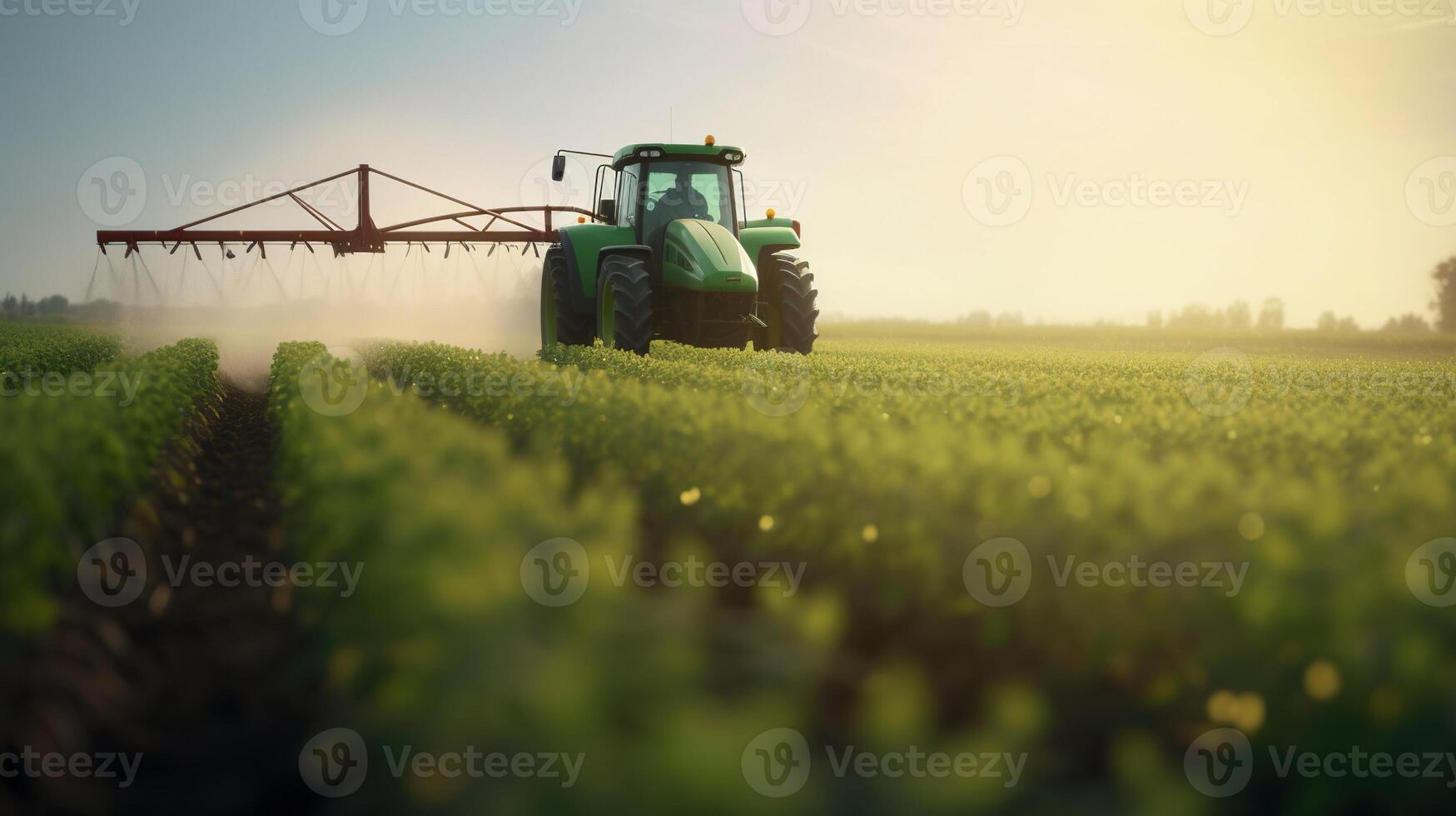 , Tractor spraying a field, Farm landscape, agricultural beautiful countryside, country road. Nature Illustration, photorealistic top view horizontal banner. photo