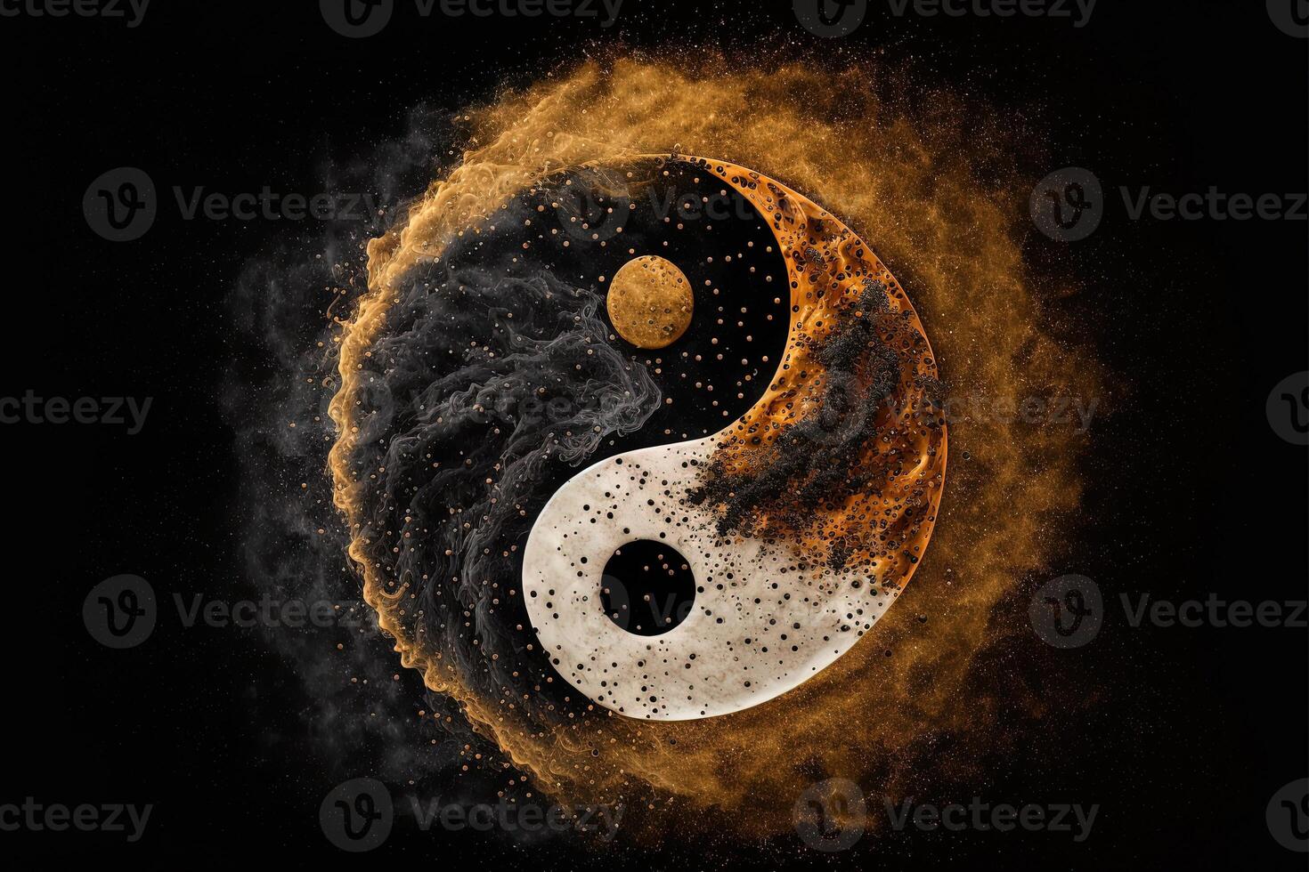 dorado y negro yin yang símbolo con flotante polvo en negro antecedentes. abstracción, budismo, hinduismo, símbolo, religión, equilibrar concepto. generativo ai foto