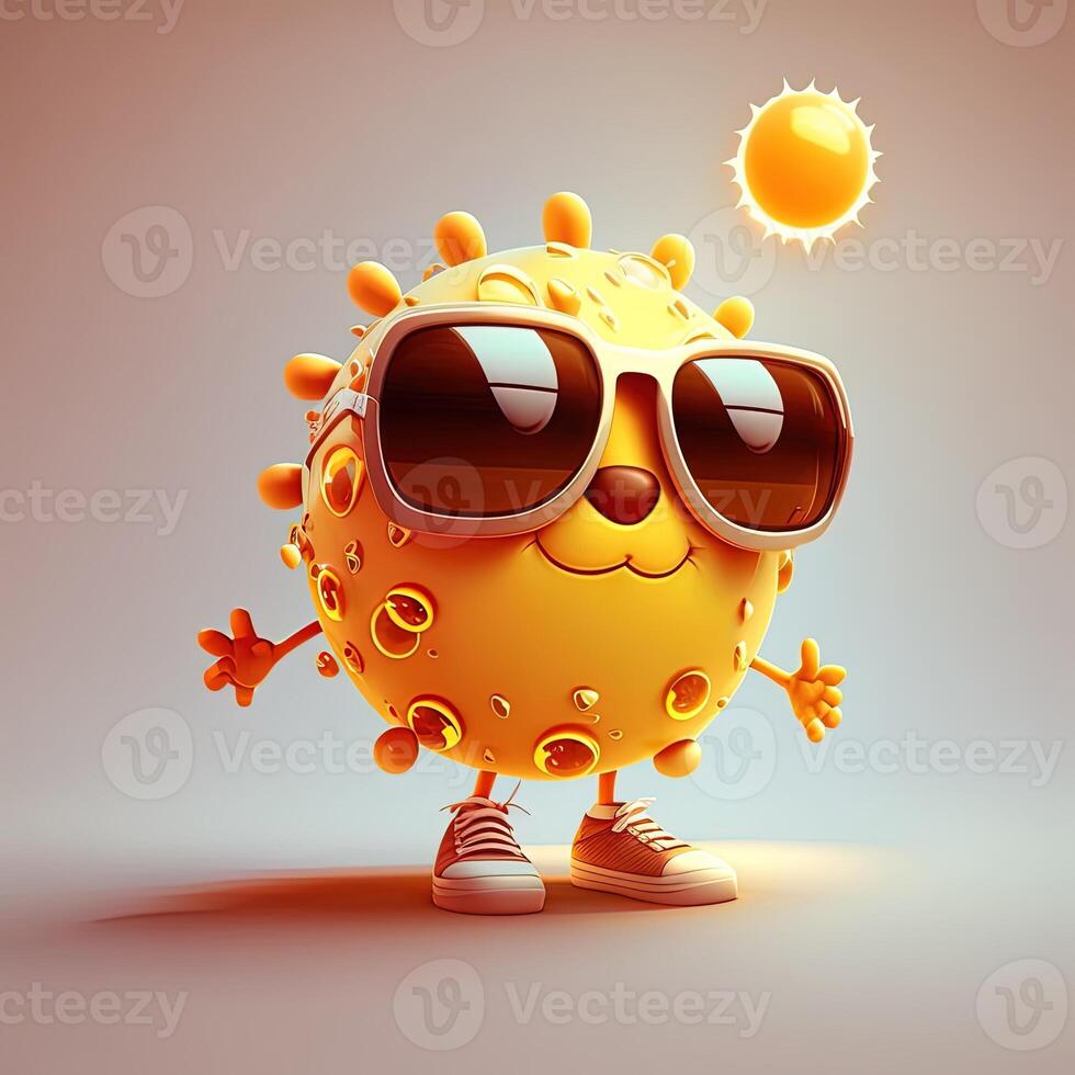 collection of happy, smiling, joyful cartoon style sun characters for summer, vacation design. Cartoon sun character wearing sunglasses. photo