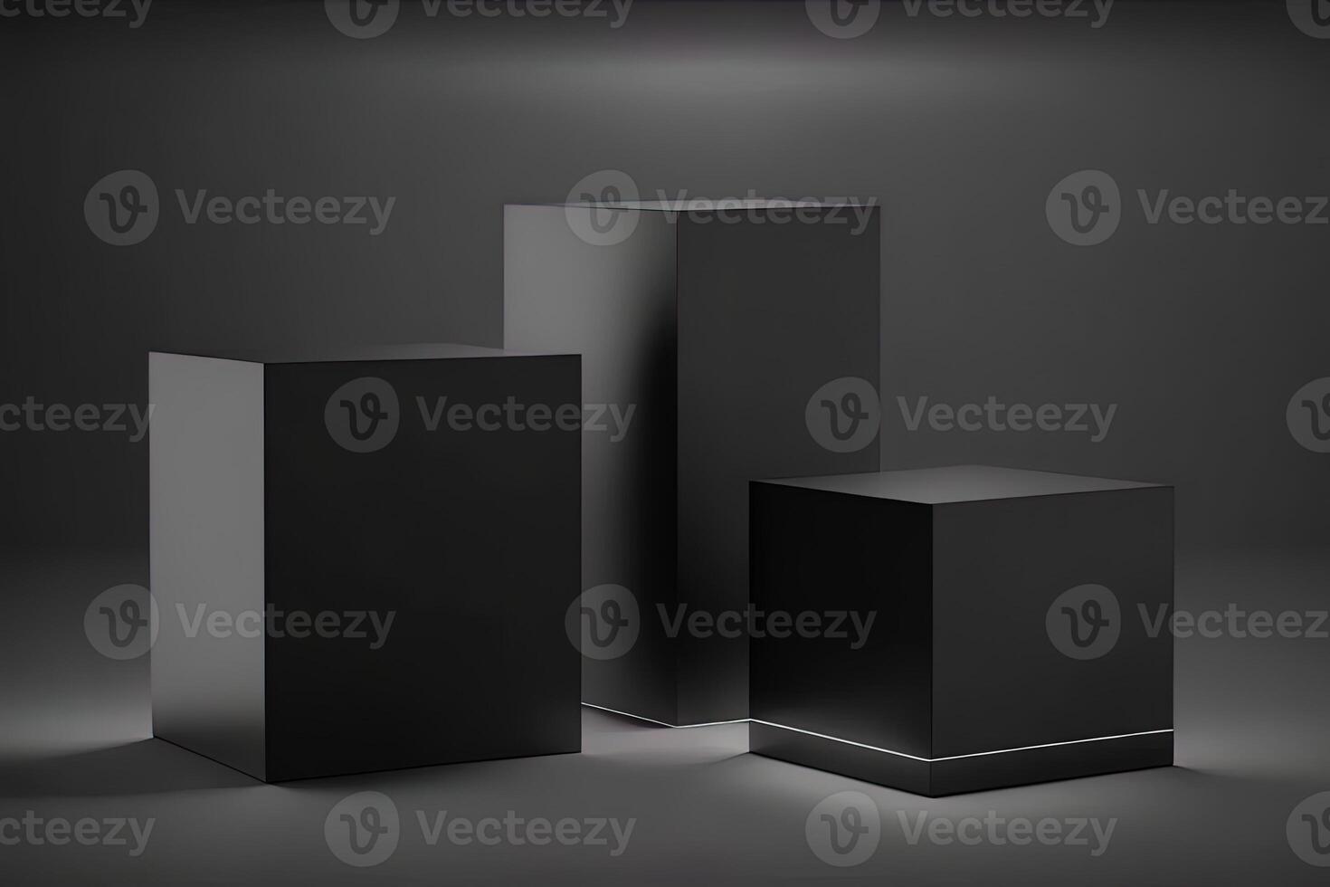 Elegant three black cube stand for product placement mockup. Dark podium exhibition scene background. Minimal box platform showroom with spot light photo