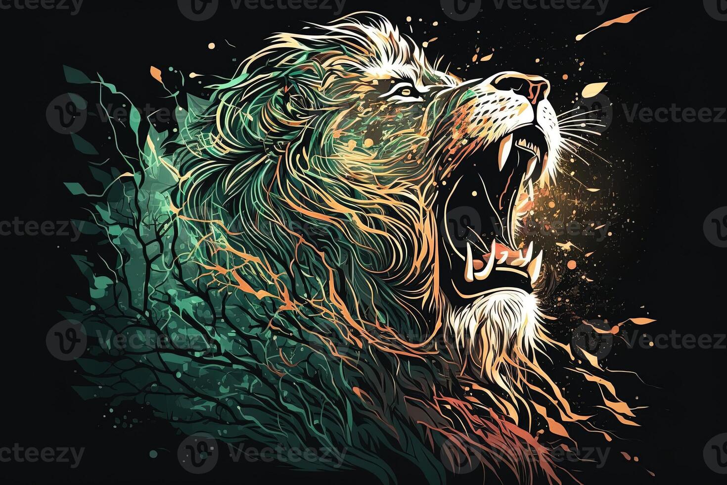 Poster of Lion roaring, Abstract poster of a dangerous and powerful roaring male lion. . Creative fire flames art paint coming from the mad king of the jungle. photo
