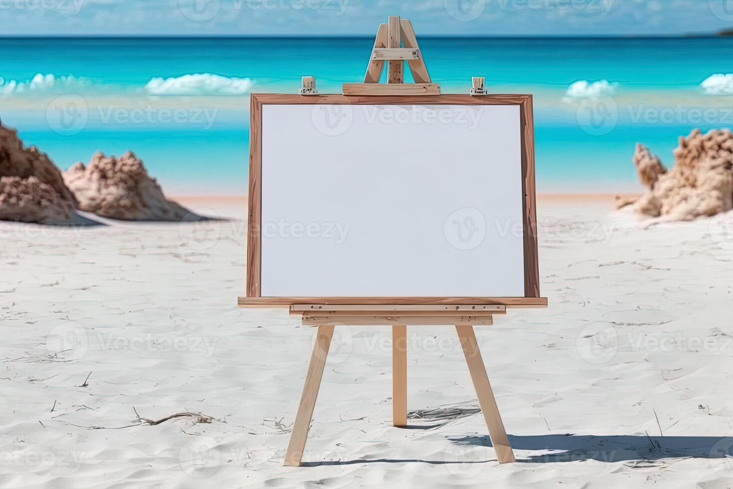 White blank artist frame on a small wooden easel on summer sea beach background with copy space. Advertising mockup artboard for pictures or artwork. Painting frame template banner. photo