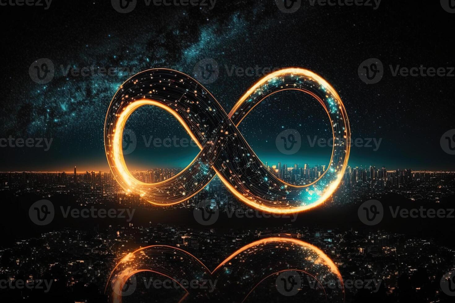 glowing neon infinity symbol in the night. . Infinity, eternity, infinite, endless, loop symbols. photo