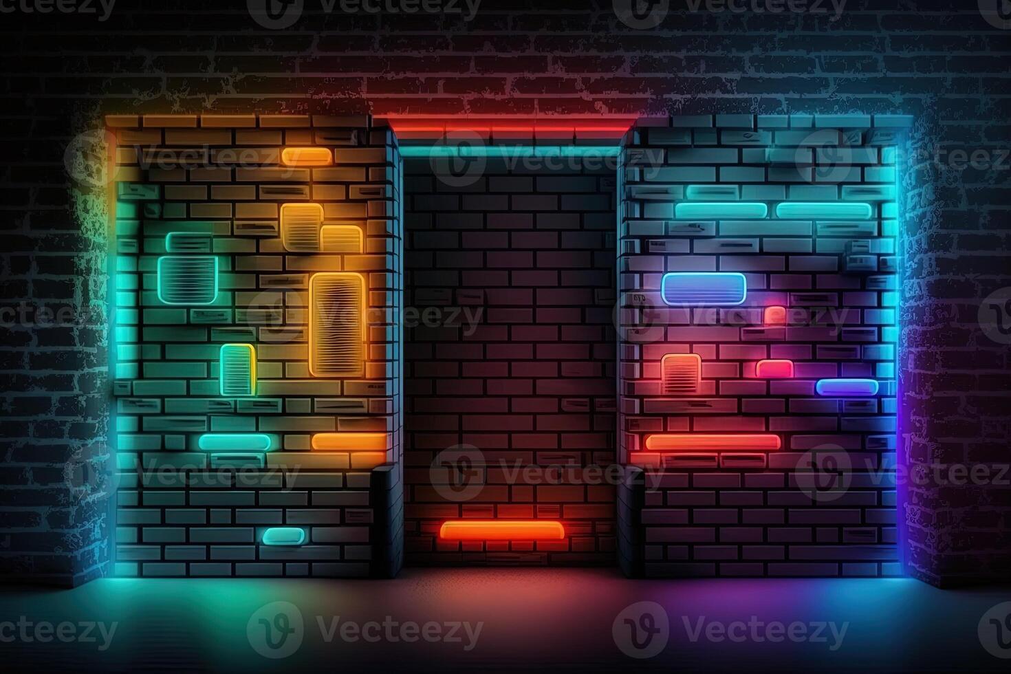 Modern futuristic blank brick wall background with neon lights. old grunge brick wall room background. Colorful copy space concept. photo