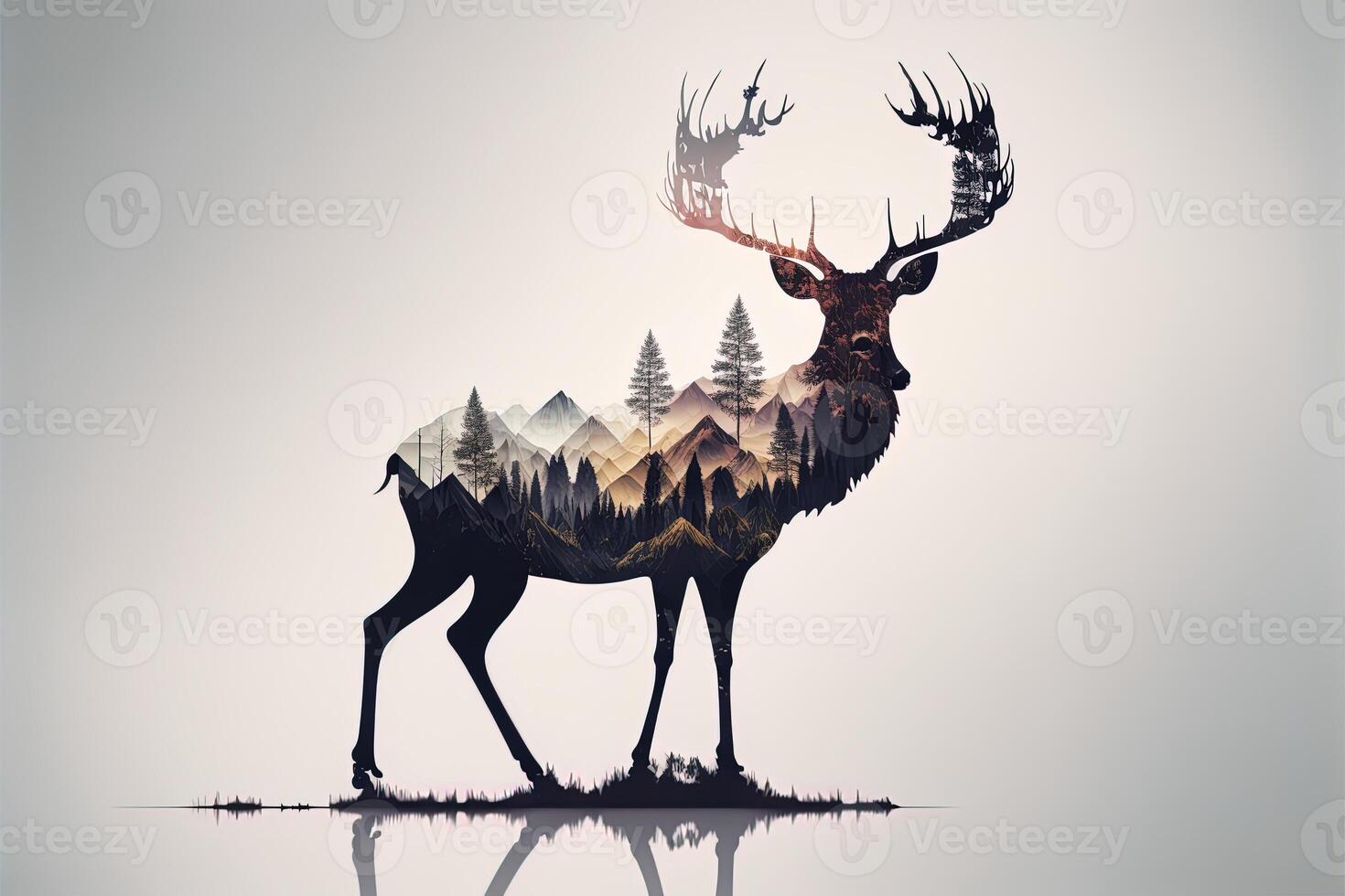 Double exposure of a deer and jungle on white background. Camping concept. Vintage Grizzly for t-shirt design, sticker, poster, and wallpaper. Adventure deer illustration photo