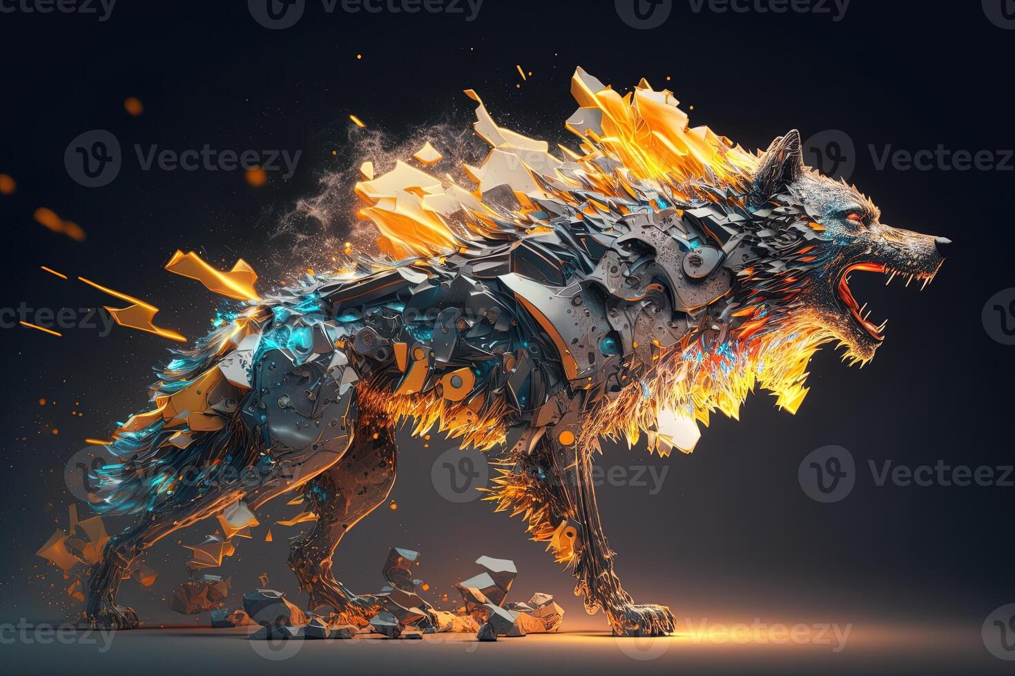 fusion of metal wolf exploding through fire surrounded by scattered glass shards and debris, cosmic energy photo