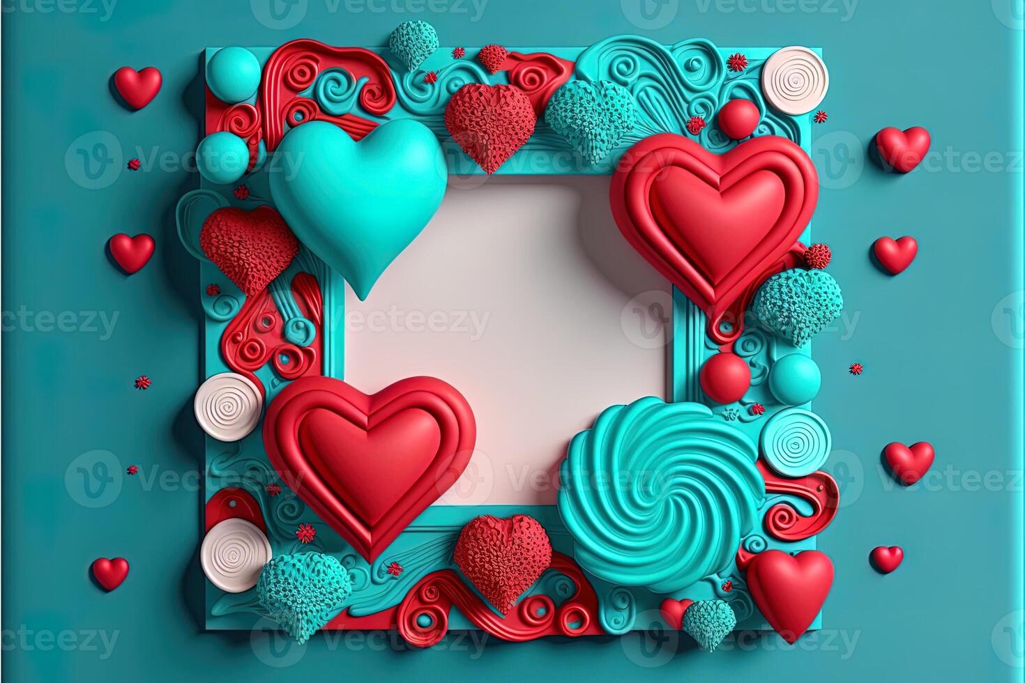 Valentine frame and banner. Red, blue, cyan, pink decoration. flat lay, romantic. Love and valentine day concept. photo