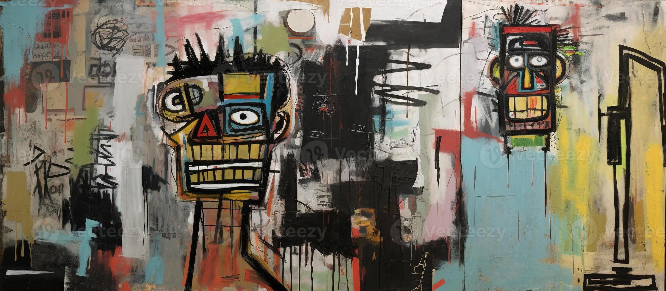 , street graffiti abstract art with ugly face on a textured wall vintage background, inspired by Jean-Michel Basquiat, New York urban style. photo