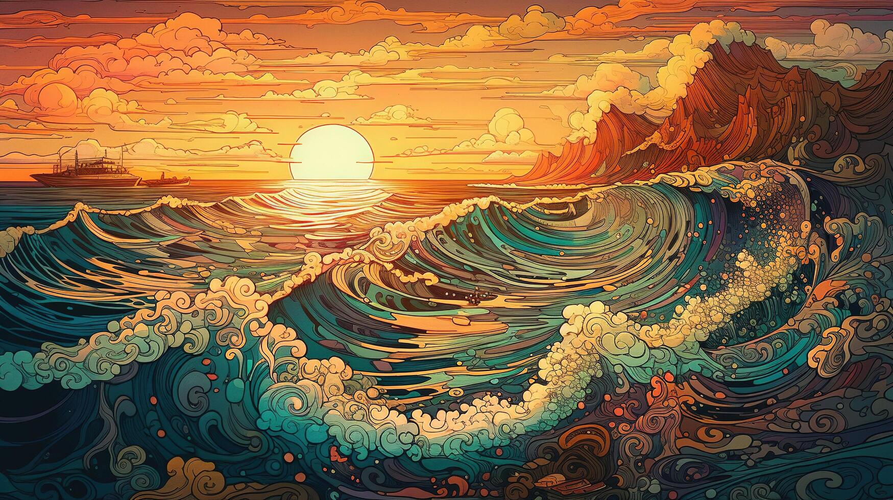 , ocean in the sunset linear illustration, psychedelic manga style, highly detailed. Anime colorful style photo