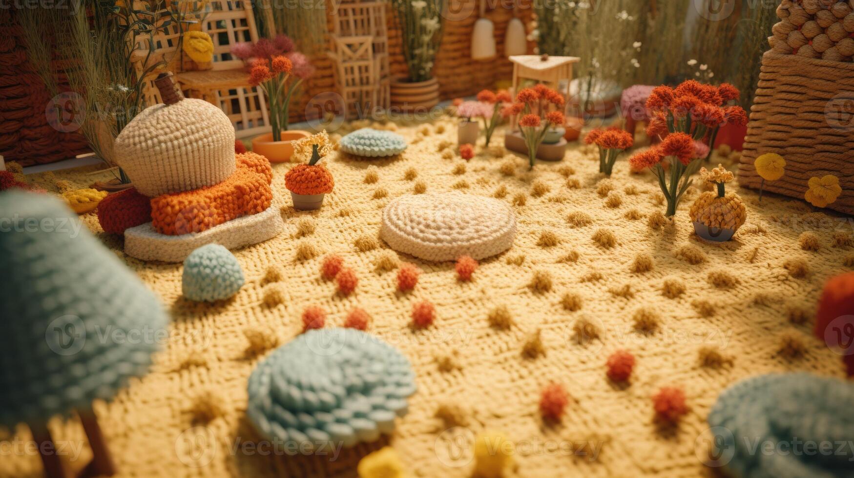 , cute garden made of crochet, plants, trees, flowers. Soft colors, dreamy scene landscape made of crochet materials, wool, fabric, yarn, sewing for background photo