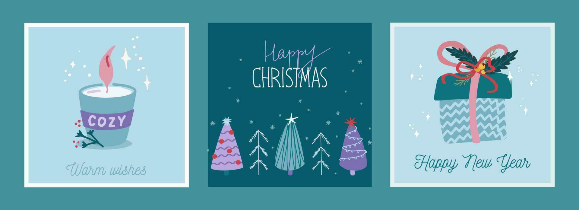 Trendy set of christmas and new year cards with hand drawn illustrations of christmas symbols vector