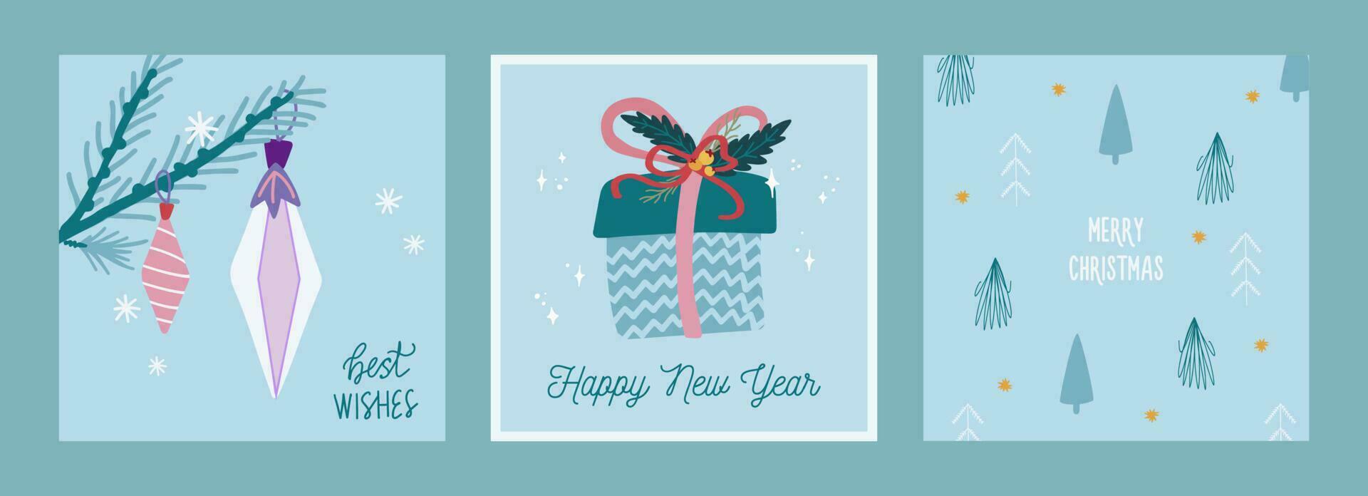 Trendy set of christmas and new year cards with hand drawn illustrations of christmas symbols vector