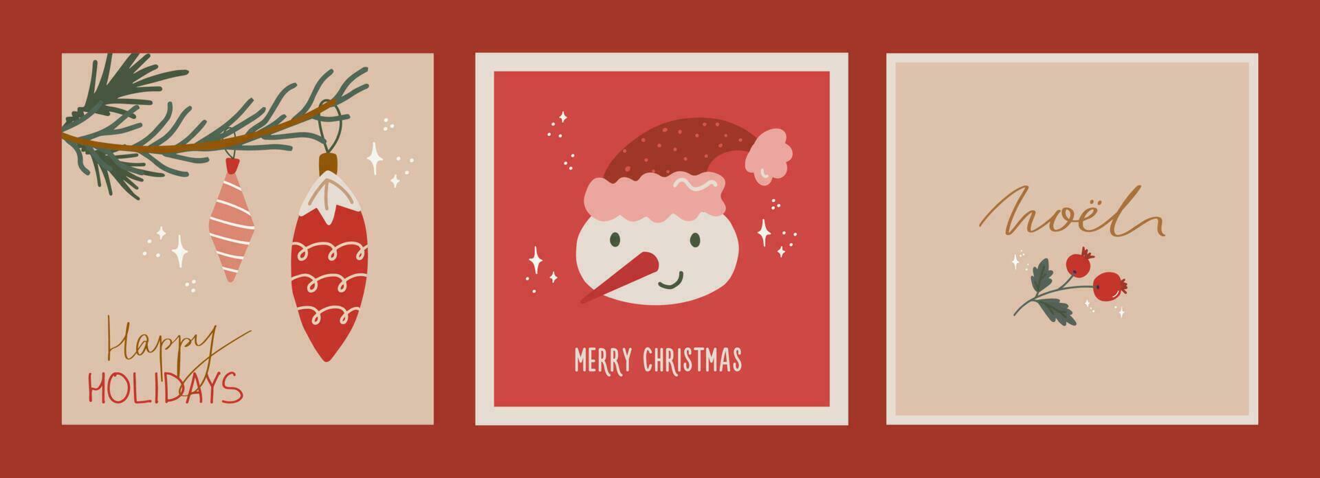conjunto de Navidad y nuevo año tarjetas con mano dibujado ilustraciones de Navidad símbolos en retro estilo vector
