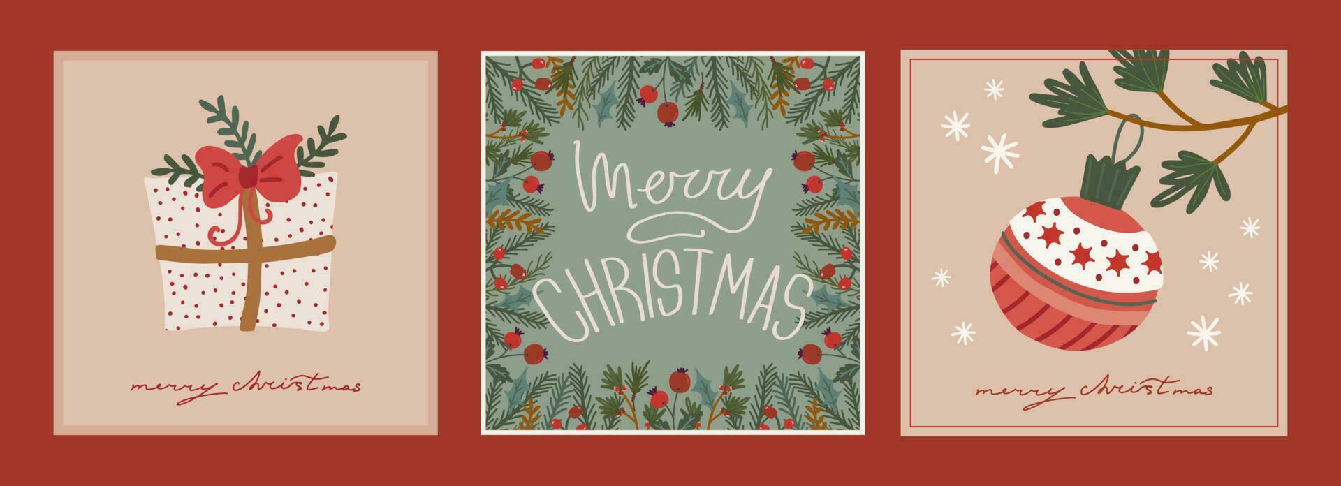 Set of christmas and new year cards with hand drawn illustrations of christmas symbols in retro style vector