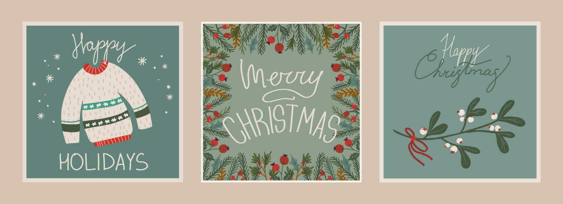 Set of christmas and new year cards with hand drawn illustrations of christmas symbols in retro style vector