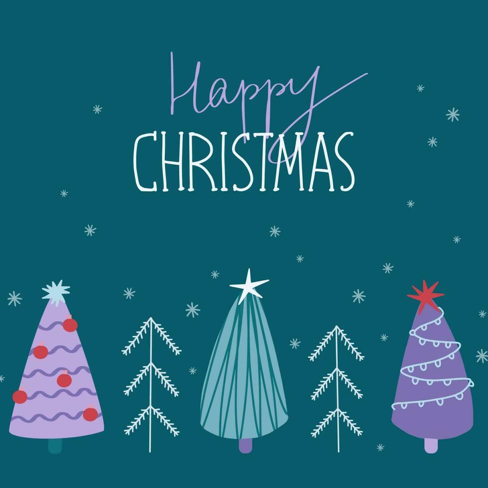 Christmas and new year card with christmas trees. Illustration with happy christmas lettering vector