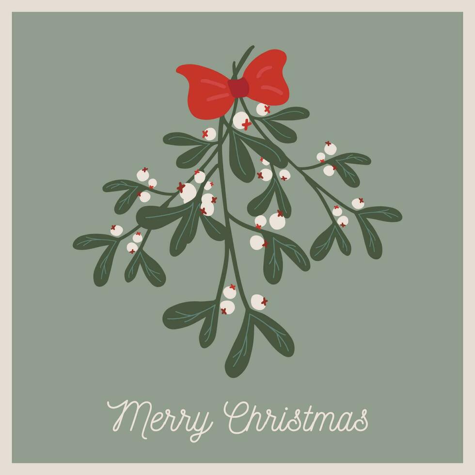 Christmas and new year card with mistletoe bouquet and red bow vector