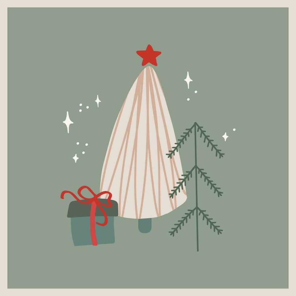 Vector christmas and new year card with christmas tree and gift box