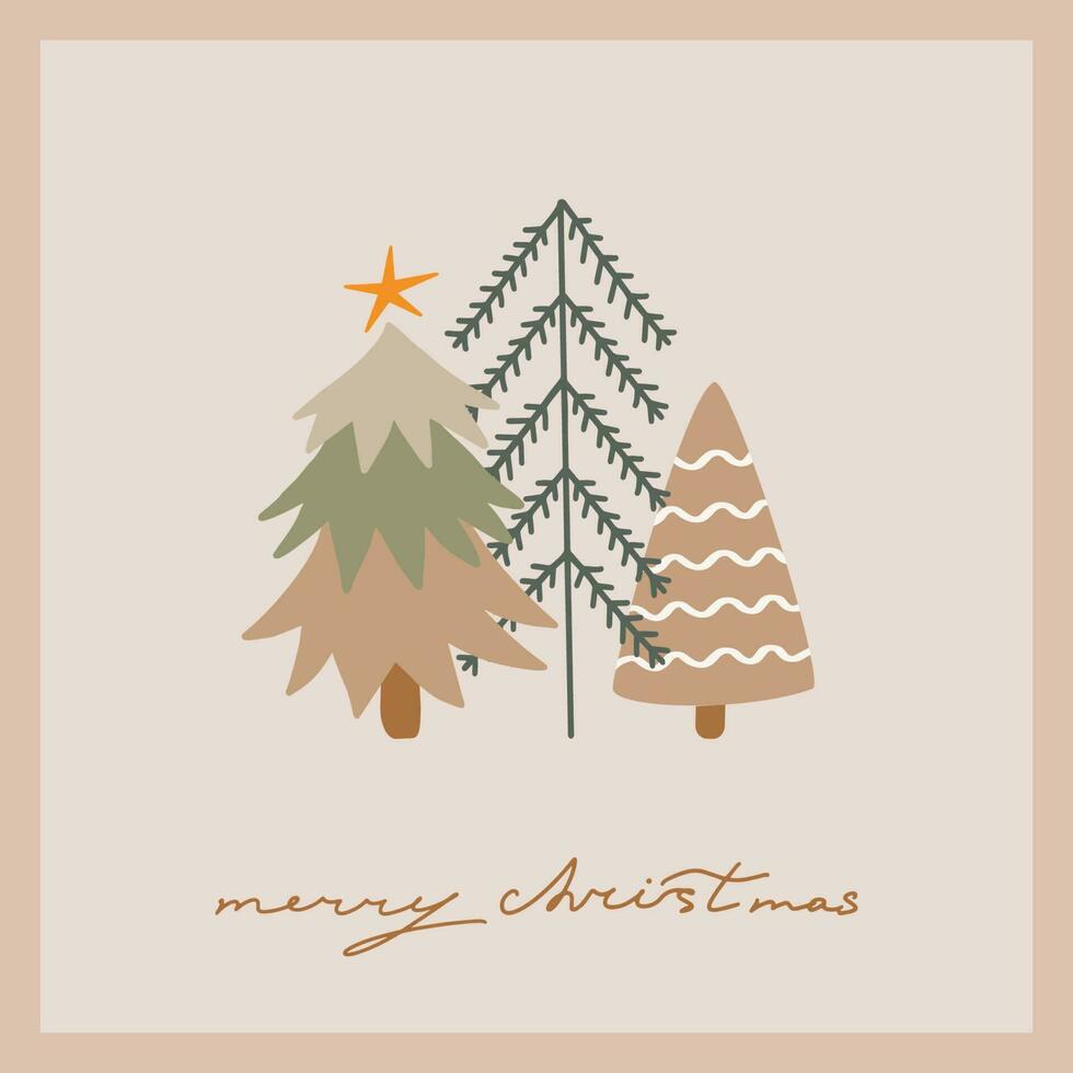 Christmas and new year card with christmas trees and spruce. Illustration with merry christmas lettering vector