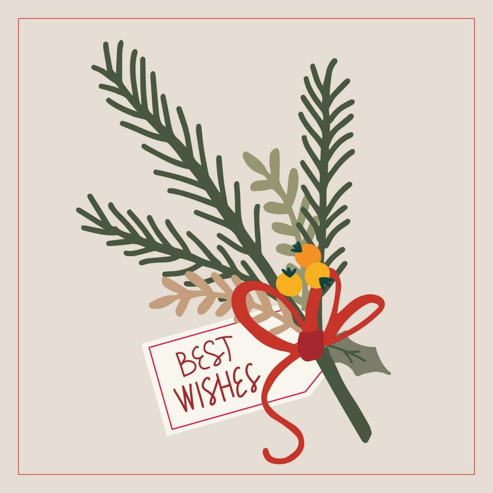 Christmas and new year card with fir branch bouquet and label. Illustration with best wishes lettering vector