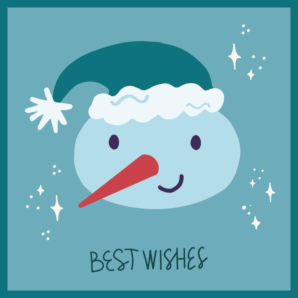 Vector christmas and new year card snowman knitted hat sparkles new year symbols. Illustration with best wishes lettering