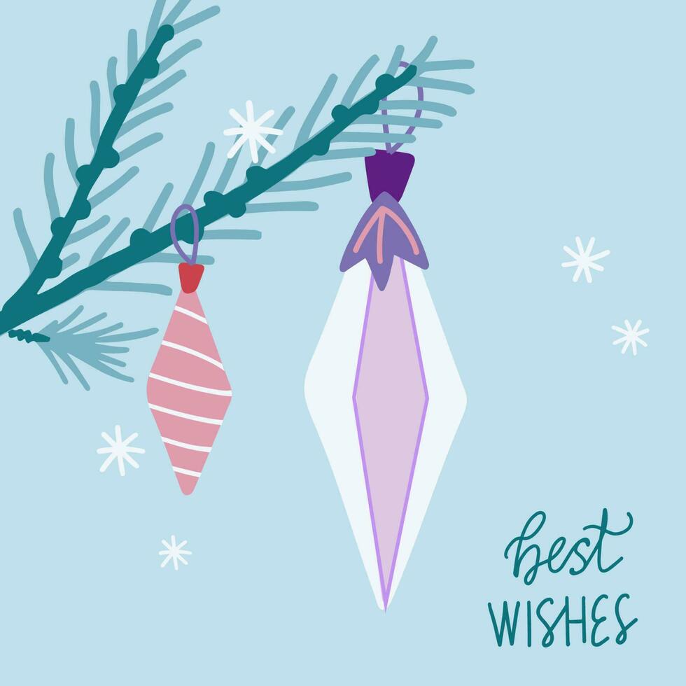 Vector christmas and new year card christmas toys snowflakes new year symbols. Illustration with best wishes lettering.