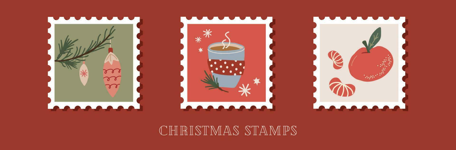 Hand drawn collection of christmas postage stamps in retro style vector